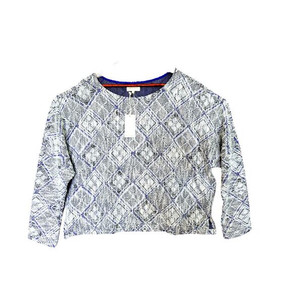 Melloday Blue Cream Textured Knit Top Geometric Pattern, 3/4 Sleeve, Boho Chic - Picture 1 of 6